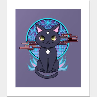 Cute anime black cat illustration with white stars. Cyberpunk manga cat. Posters and Art